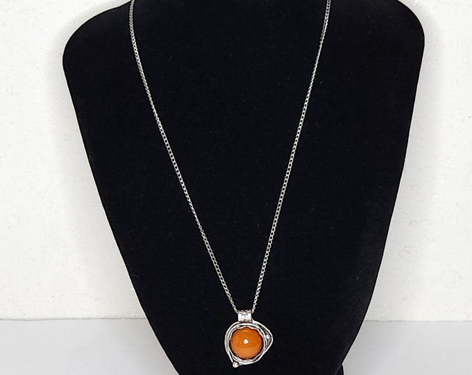 Vintage Silver Tone and Orange Cabochon Pendant Necklace C-5-48
