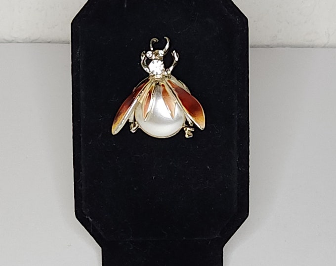 Vintage Beetle Bug Brooch Pin with Faux Pearl Jelly Belly, Brown Enamel Wings, and Clear Rhinestones B-2-95