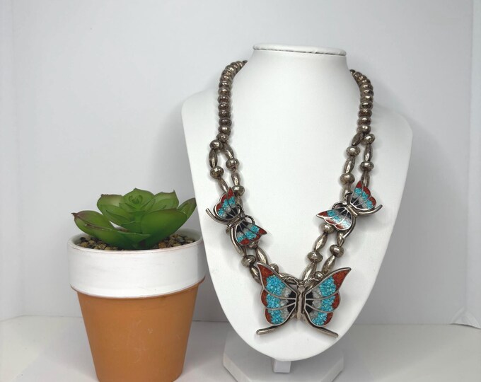 Vintage Navajo Curlene Toledo Sterling Bench Bead and Triple Inlaid Butterfly-RARE- Approx 17” D-7-3