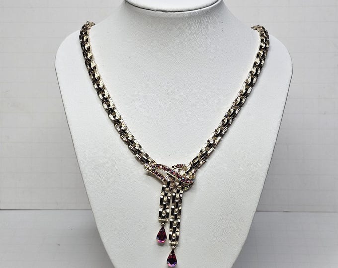 Vintage Gold Tone Coro Ruby Red Aurora Borealis AB Rhinestone Necklace E-1-1