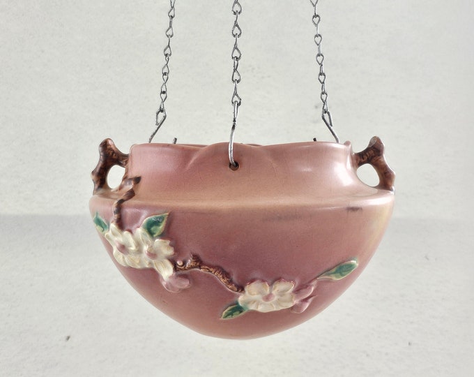 1940s Roseville Pink Apple Blossom Hanging Planter Vase Bowl