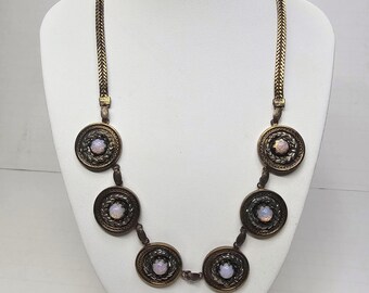 Antique Austrian Czech Glass Fire Opal Medallion Necklace E-1-6