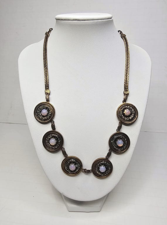 Antique Austrian Czech Glass Fire Opal Medallion Necklace E-1-6