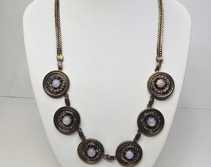 Antique Austrian Czech Glass Fire Opal Medallion Necklace E-1-6