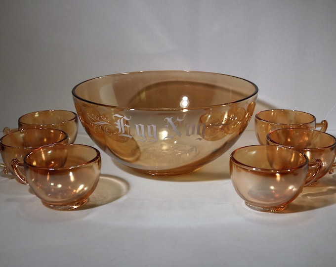 Jeannette Glass Moderne aka 'Camellia' Gorgeous Egg Nog Iridescent Peach Luster Set