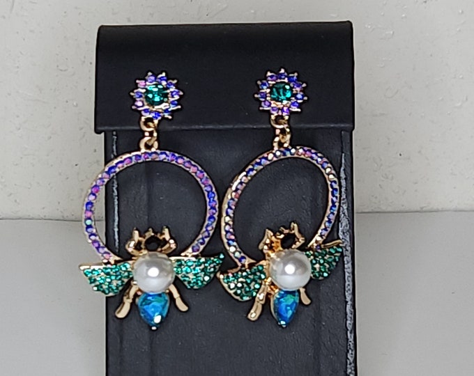 Eye Candy LA 14K Gold Plated Insect Earrings with Glass Crystals and Faux Pearls in Box C-6-29