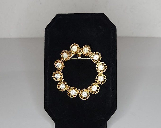Vintage Gold Tone and AB Rhinestone Flower Ring Brooch Pin A-9-44