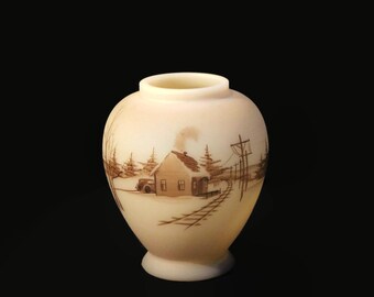 Fenton 'Down By The Station' Temple Ginger Jar Railroad Tracks and Station Custard Glass 1982 George Schlicher