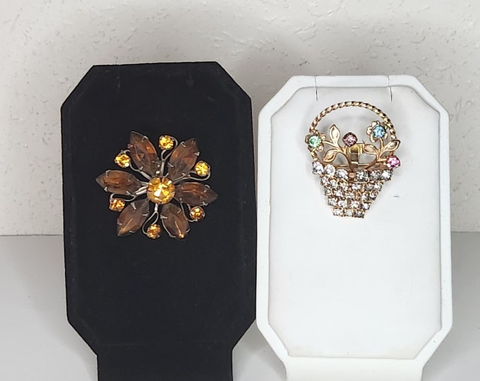 Vintage Set of Two Floral Brooch Pins - Brown Navette Rhinestone Flower, Gold Tone Rhinestone Basket with Flowers D-4-75