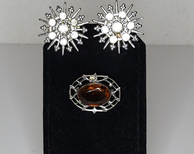 Vintage Set of Three Scatter Pins Two Silver Tone and Clear Rhinestone Starburst One Silver Tone and Amber Colored Rhinestone A-6-58