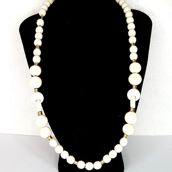 Vintage Made in Italy Marked Plastic Faux Bone Cream and Gold Tone Beaded Necklace D-3-54