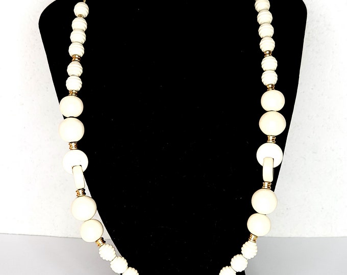 Vintage Made in Italy Marked Plastic Faux Bone Cream and Gold Tone Beaded Necklace D-3-54