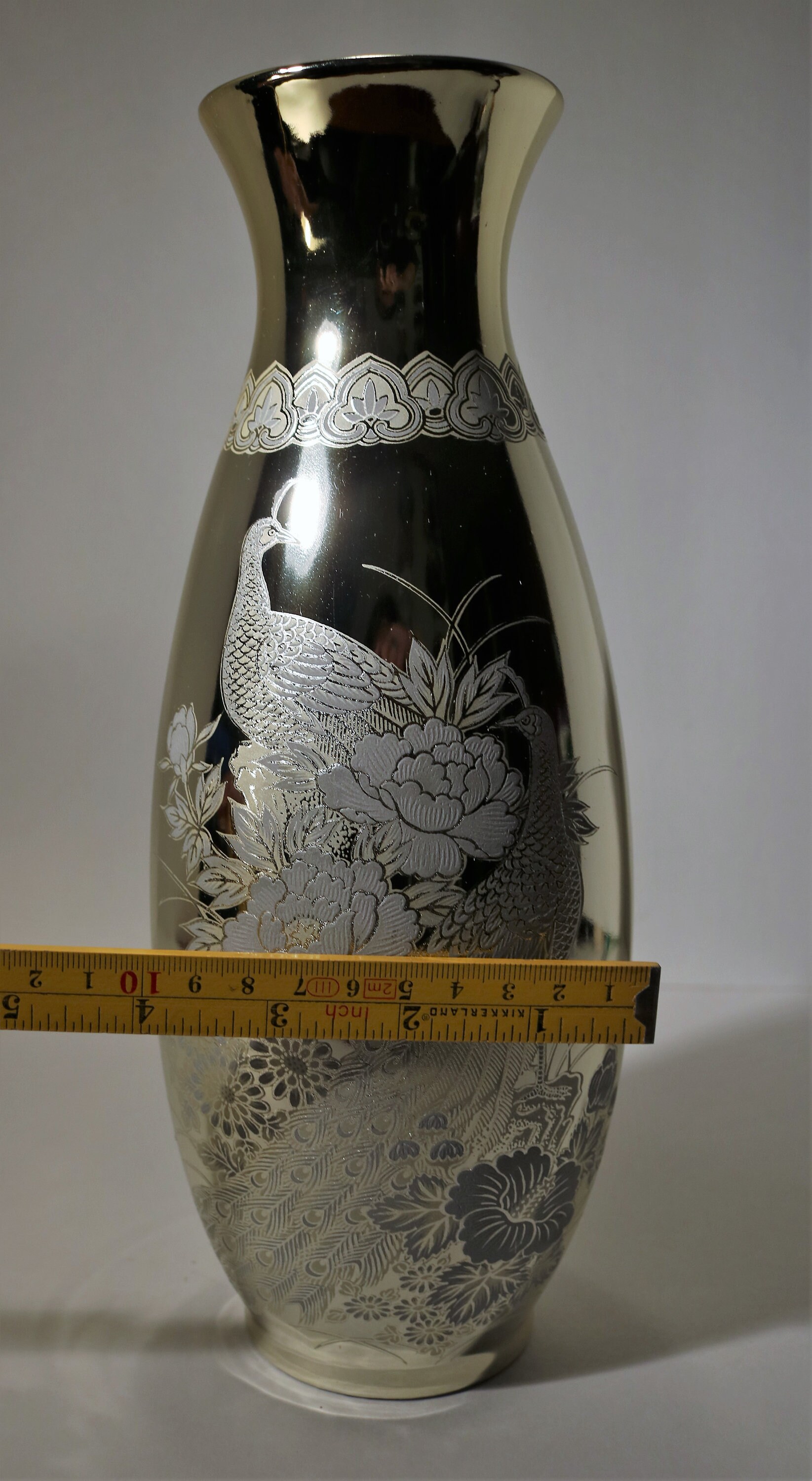 Mid Century Gold & Silver Interpur Japan Vase with Peacocks and Flowers