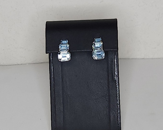 Vintage Made in Austria Marked Silver Tone Screw Back Earrings with Three Blue Rectangle Rhinestones C-7-23