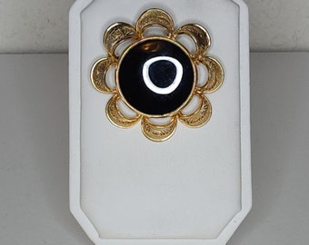 Vintage Gold Tone and Black Flower Brooch Pin B-3-76