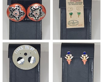 Vintage Set of Four Pairs of Earrings Pink Metallic Floral, Black White and Gray Striped Circle, Palm Tree, Blue and Pink Statement A-6-75