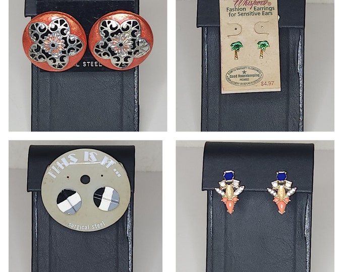 Vintage Set of Four Pairs of Earrings Pink Metallic Floral, Black White and Gray Striped Circle, Palm Tree, Blue and Pink Statement A-6-75