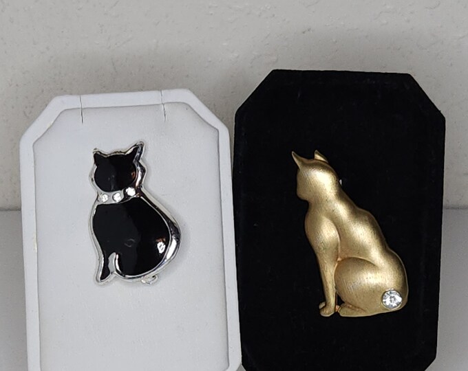 Vintage Set of Two Cat Brooch Pins - R Signed Silver Tone and Black Enamel, JJ Signed Gold Tone and Clear Rhinestone C-1-55