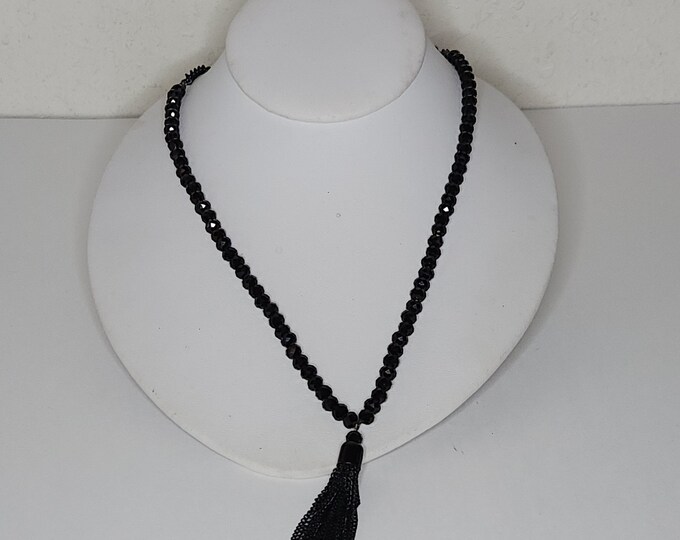 Vintage Long Faceted Black Glass Beaded Necklace with Black Chains Tassel C-8-27