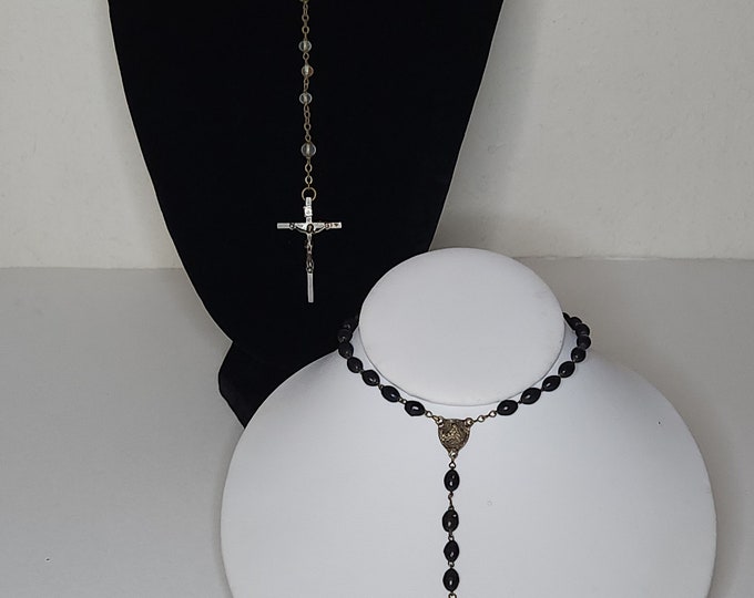 Vintage Set of Two Rosaries - Round Translucent White & Oval Opaque Black Beads B-6-17