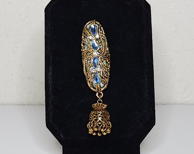 Vintage Hindu Style Gold Tone Openwork Filigree with Clear and Blue Rhinestone Oval Brooch Pin with Dangle Tassel D-1-75
