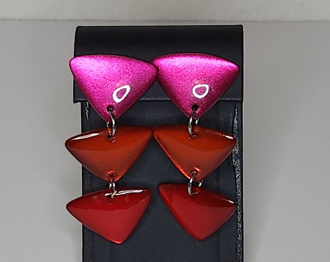Vintage Pink Orange and Red Dichroic Triangles Earrings A-6-4