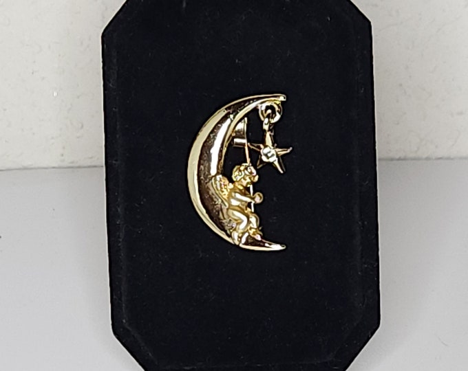 Vintage L Razza Signed Gold Tone Moon and Cherub Brooch Pin with Star Dangle C-1-13
