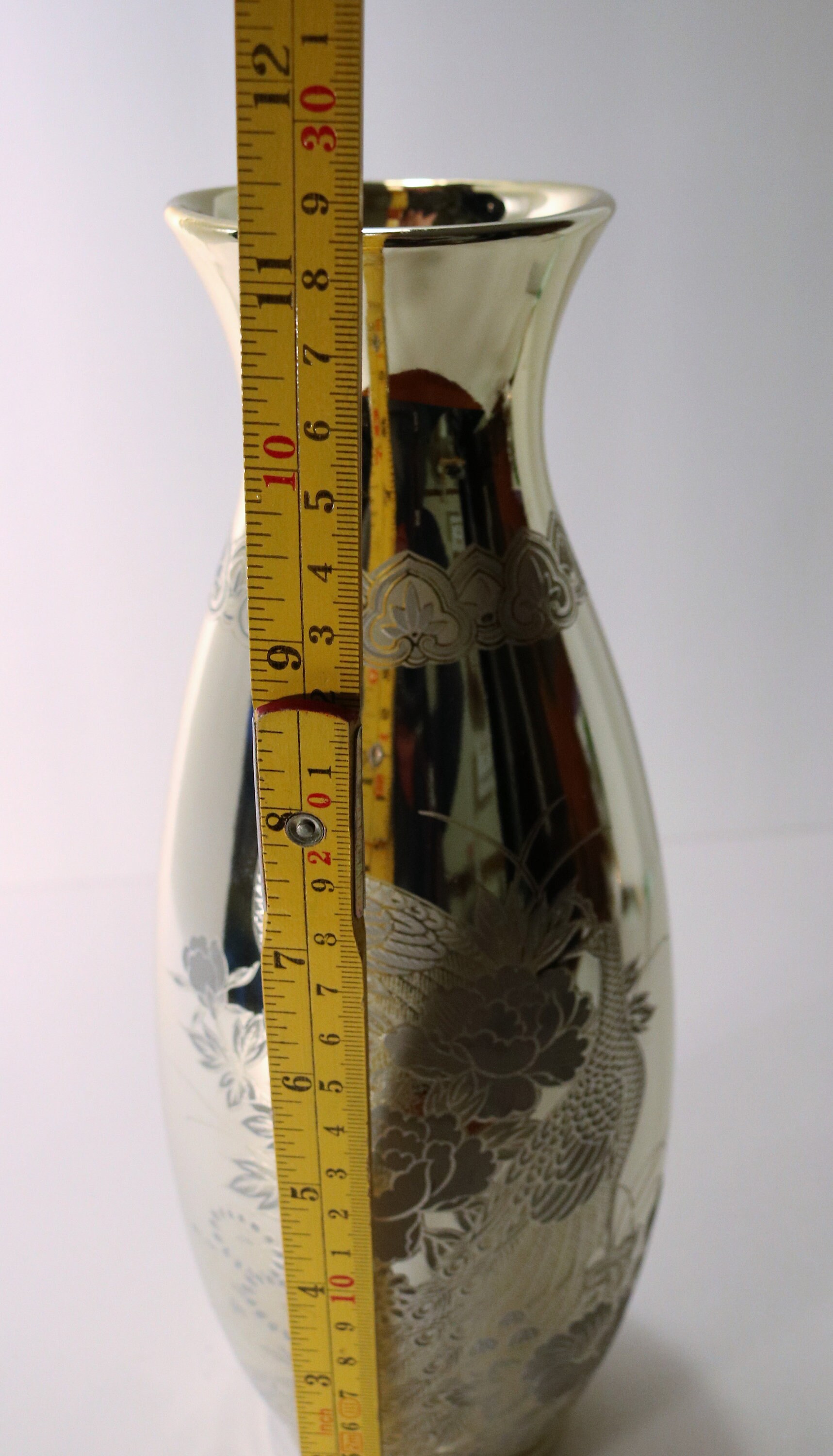 Mid Century Gold & Silver Interpur Japan Vase with Peacocks and Flowers