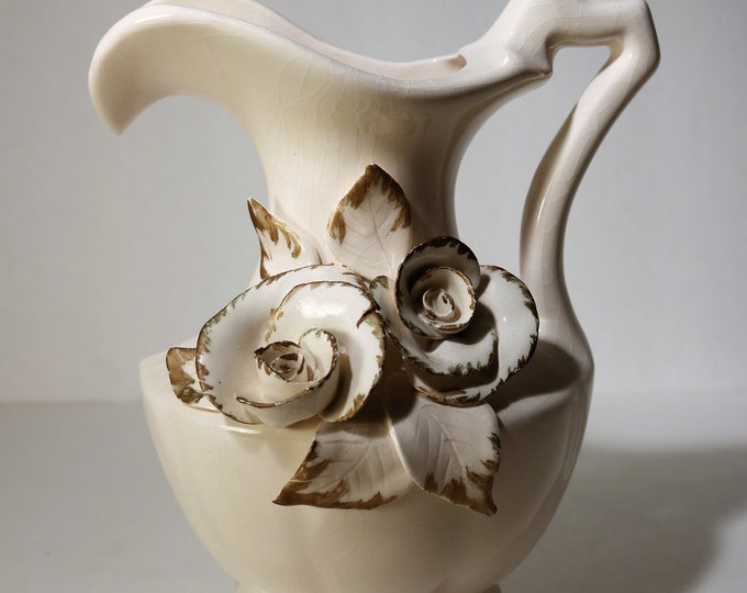 Pretty Water Pitcher w/Applied Flowers Roses Wall Pocket Vase