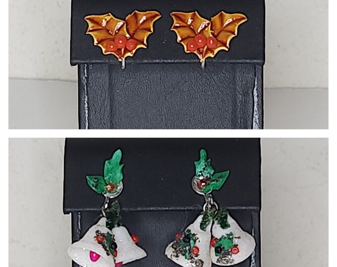 Vintage Two Pairs of Christmas Screw Back Earrings - Brown and Red Holly Berries, White Glitter Bells