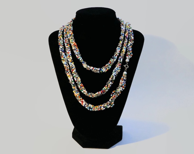 Vintage Confetti Multi Color 53" Seed Micro Glass Bead with Gold Tone Braided Chain Bohemian Ethnic