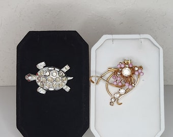 Vintage Set of Two Brooch Pins - Silver Tone and Clear Rhinestone Turtle, Made in Austria Gold Tone Clear Rhinestone and Pink Bead D-4-77