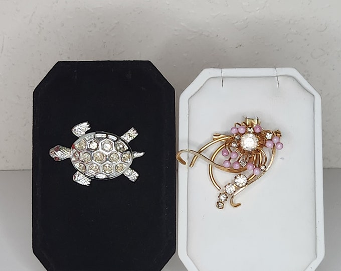 Vintage Set of Two Brooch Pins - Silver Tone and Clear Rhinestone Turtle, Made in Austria Gold Tone Clear Rhinestone and Pink Bead D-4-77