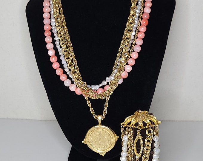 Vintage SS Signed Real Pearl and Conch Shell Beads and Gold Tone Multistrand Bracelet and Necklace with Faux Juliana Koningin Coin B-9-42