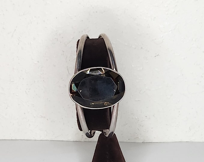 Vintage Mexico 925 Marked 32 Grams Sterling and Smoky Faceted Glass Cuff Bracelet D-4-84