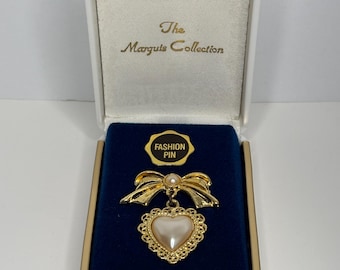 Vintage New in Box Faux Pearl Gold Tone Ribbon with Heart Dangle- The Marquis Collection D-7-97