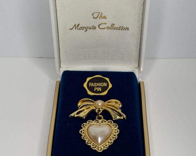 Vintage New in Box Faux Pearl Gold Tone Ribbon with Heart Dangle- The Marquis Collection D-7-97