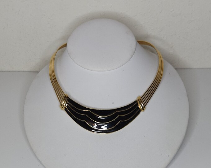 Vintage Trifari Signed Gold Tone and Black Enamel Collar Cuff Necklace B-9-54