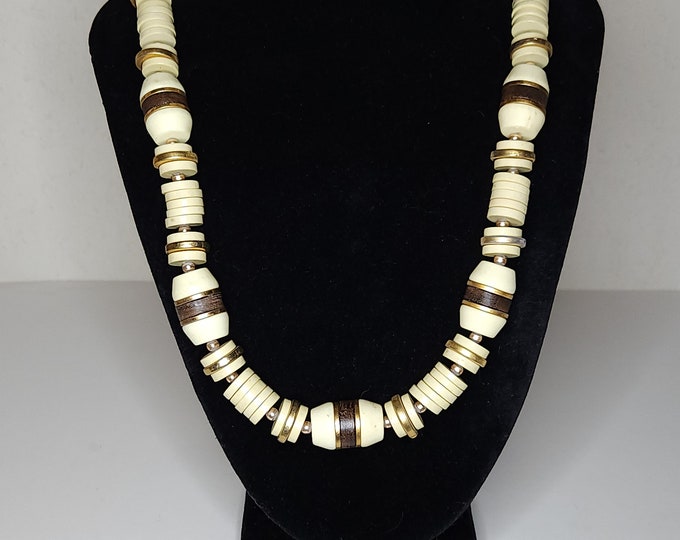 Vintage Cream Plastic Bead Necklace with Gold Tone and Wood Accents A-9-8