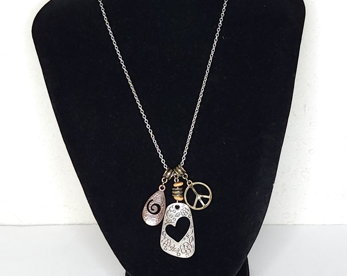 Vintage Lia Sophia Signed Silver Tone, Gold Tone and Rose Gold Tone Pendant Necklace with Heart, Peace Sign, and Teardrop C-5-31