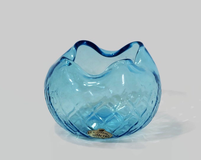 Mid Century Guildcraft Italy Venetian Blue Diamond Optic Rose Bowl with Large Crimped Rim