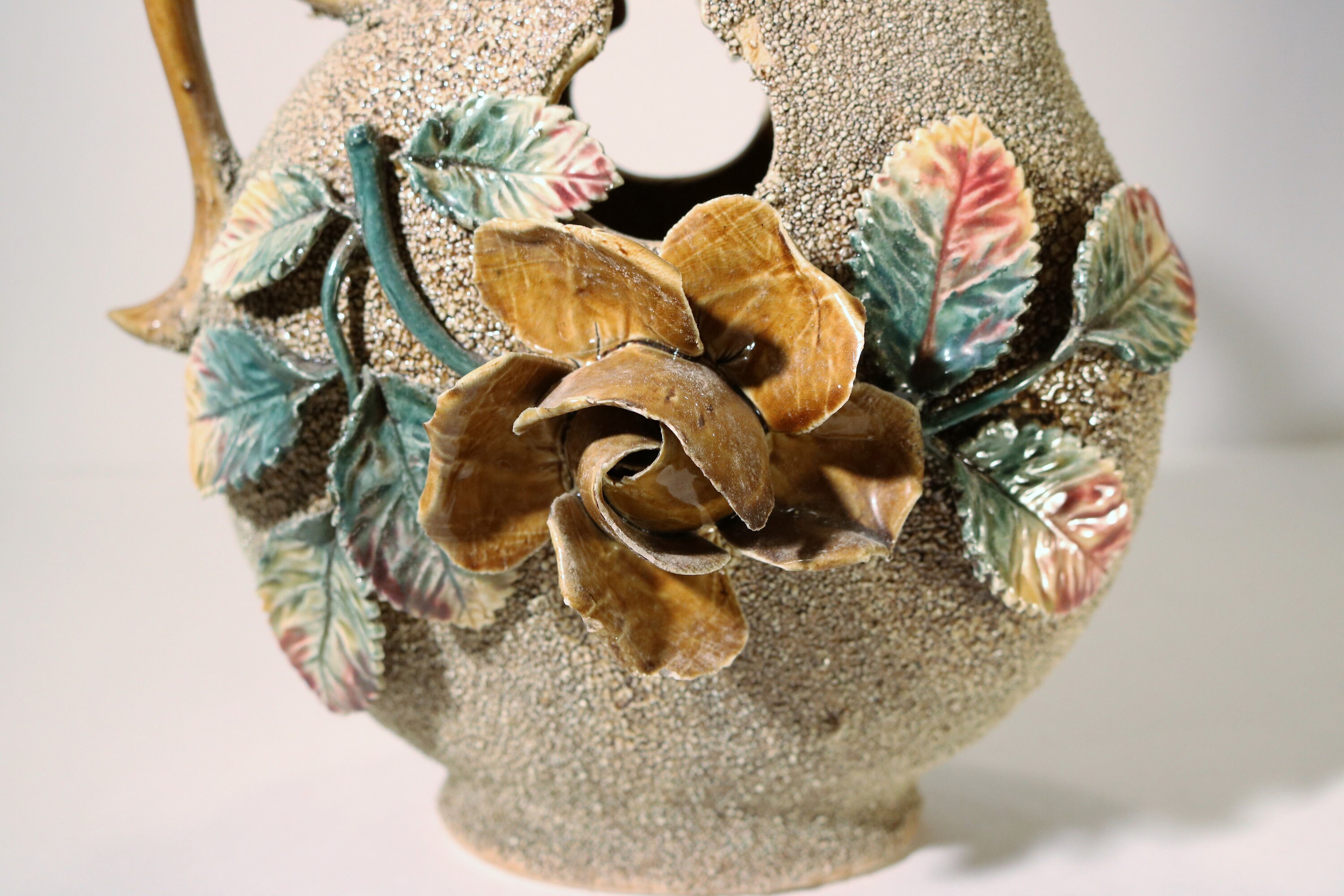 18501900's Large Sand Majolica Barbotinestyle Flowers on Golden Yellow 10 Round Ewer Pitcher