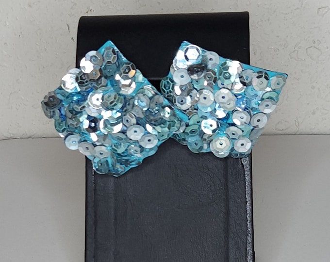 Vintage Aqua Blue Sequin Diamond Shaped Glass Earrings B-3-52