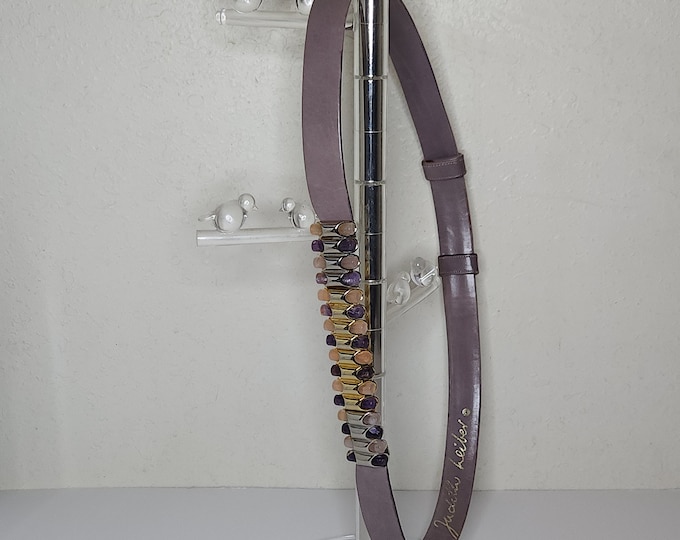 Vintage Judith Leiber Signed Adjustable Purple Leather Belt with Two Tone Clasp with Amethyst and Rose Quartz C-8-94