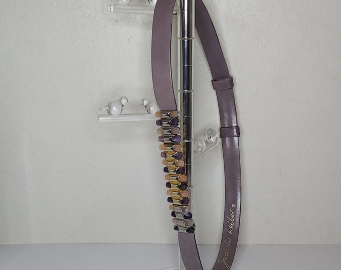 Vintage Judith Leiber Signed Adjustable Purple Leather Belt with Two Tone Clasp with Amethyst and Rose Quartz C-8-94