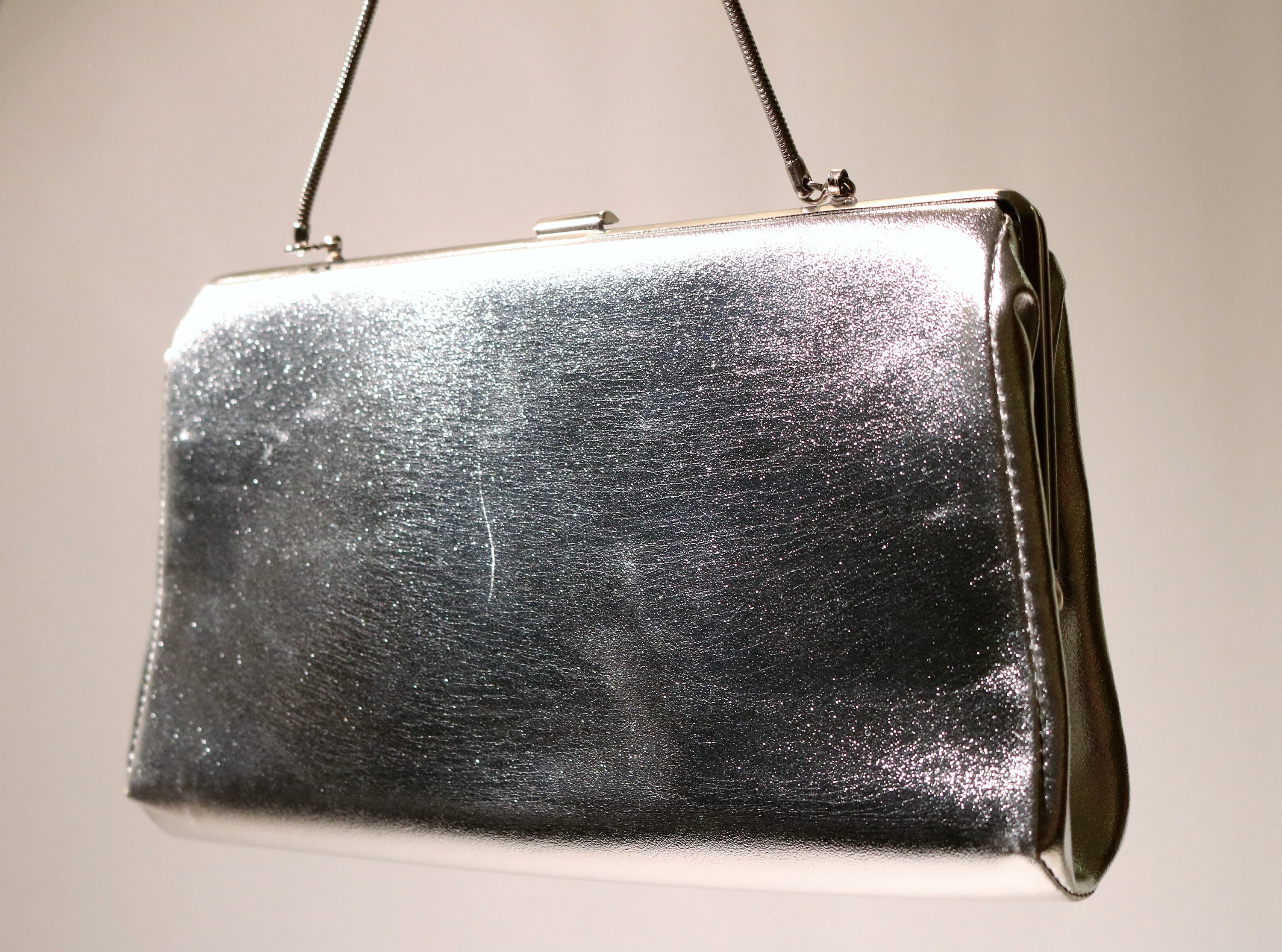 1970's Silver Clutch Handbag with Optional Chain