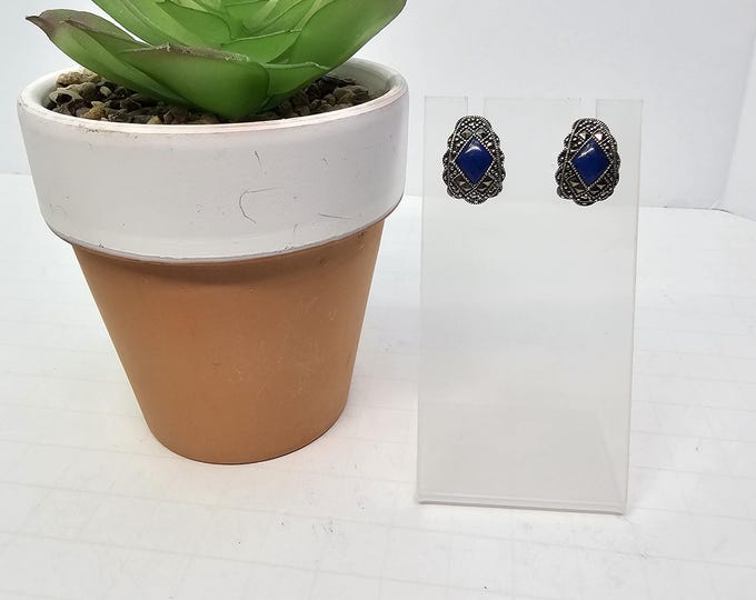 Vintage Denim Lapis and Marcasite 925 Post Back Signed Earrings D-5-10