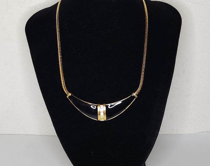 Vintage Avon Signed Gold Tone and Black Enamel Statement Necklace with Clear Rhinestones C-3-31