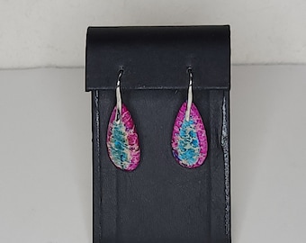 Vintage Silver Tone and Faux Imperial Jasper Teardrop Dangle Earrings C-9-92