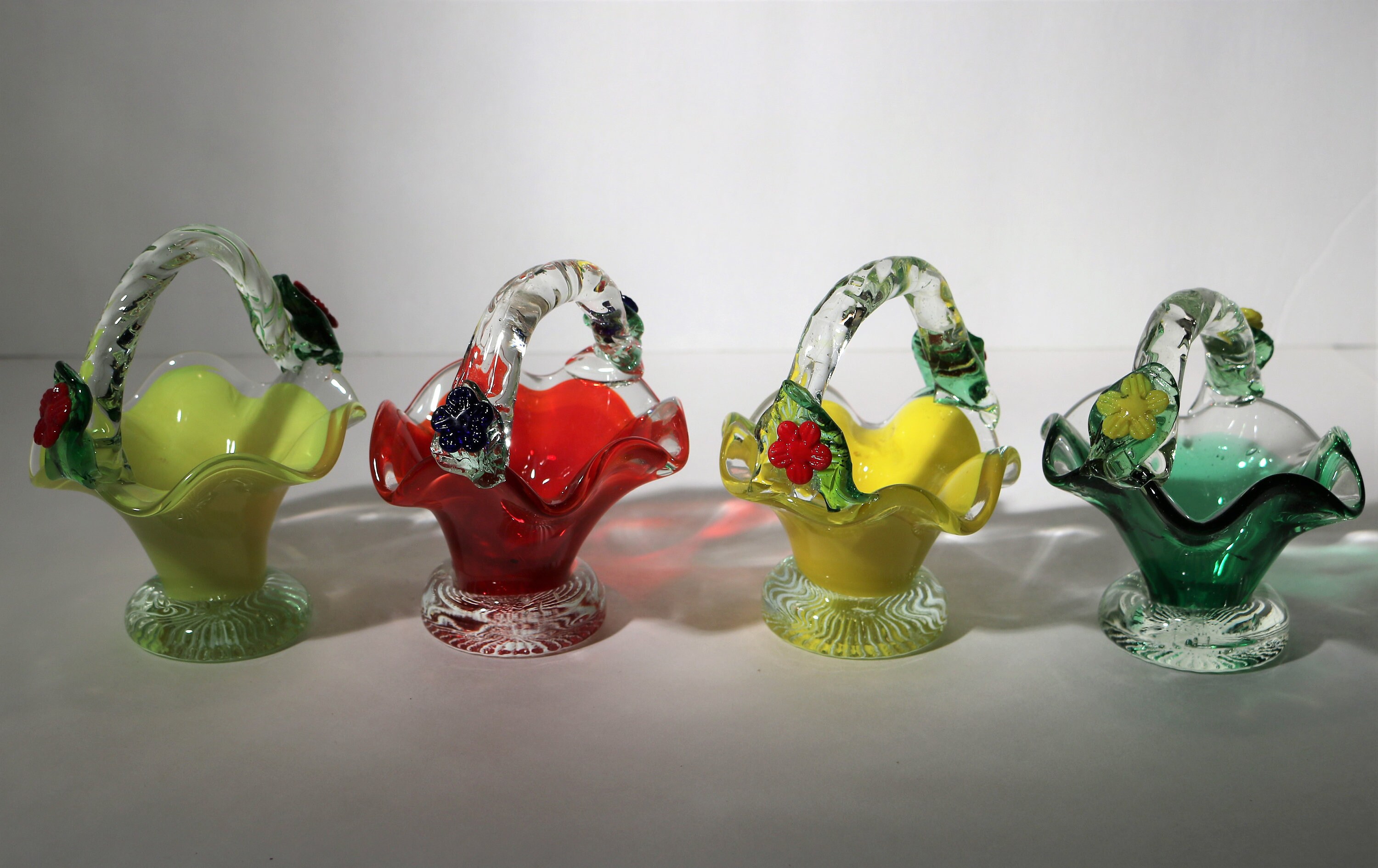 Vintage Murano Mini Glass Baskets with Applied Flowers Set of 4